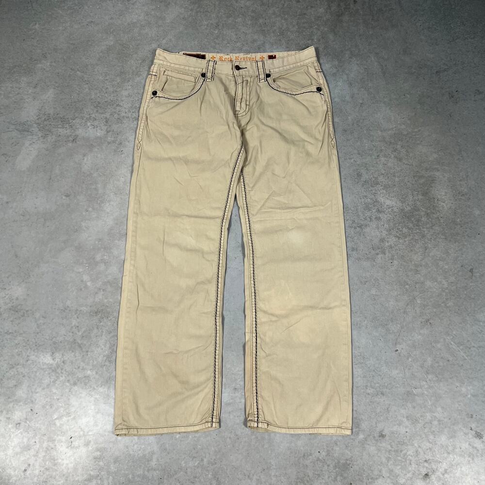 Rock Revival Jeans Mens 36x33 Khaki Straight Stretch Embellish Pants Embroidered